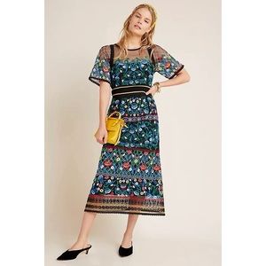NWT Anthropologie Esther Embroidered MIDI Dress. Black Sz 16 Retail $258